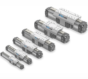 Tolomatic rodless pneumatic linear actuator MXP-P, compact rodless compressed air cylinder with integrated prfoiled rail linear bearing